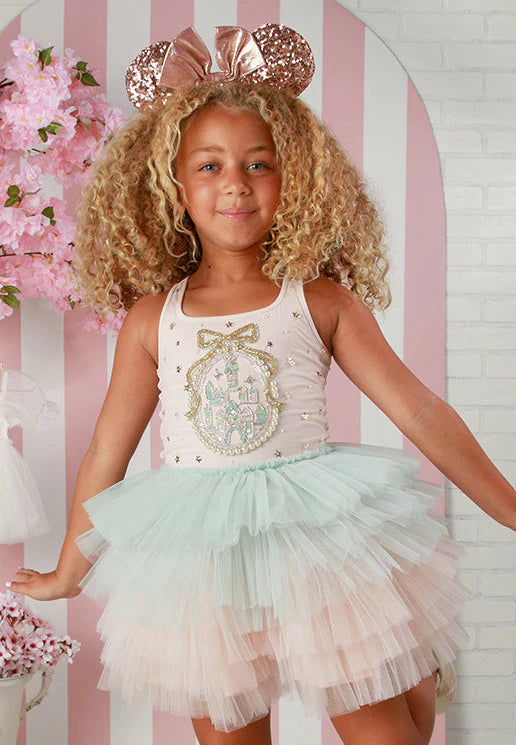Girls Blush & Aqua Castle Dress – Designer Girls Pastel Tulle Party Dress 12M-14 4T/4