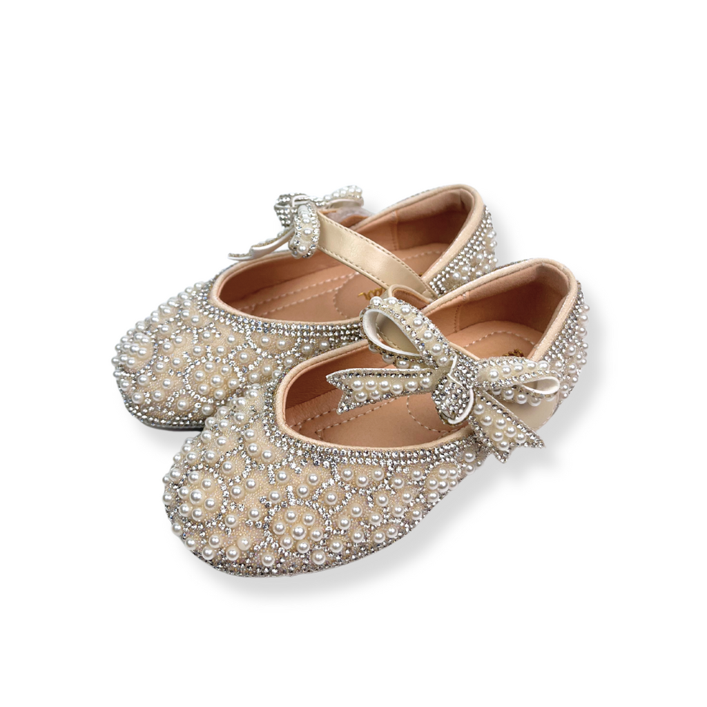 Beige Bowtie Strap Jewel Flats/Doe a Dear