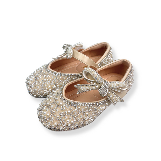 Beige Bowtie Strap Jewel Flats/Doe a Dear